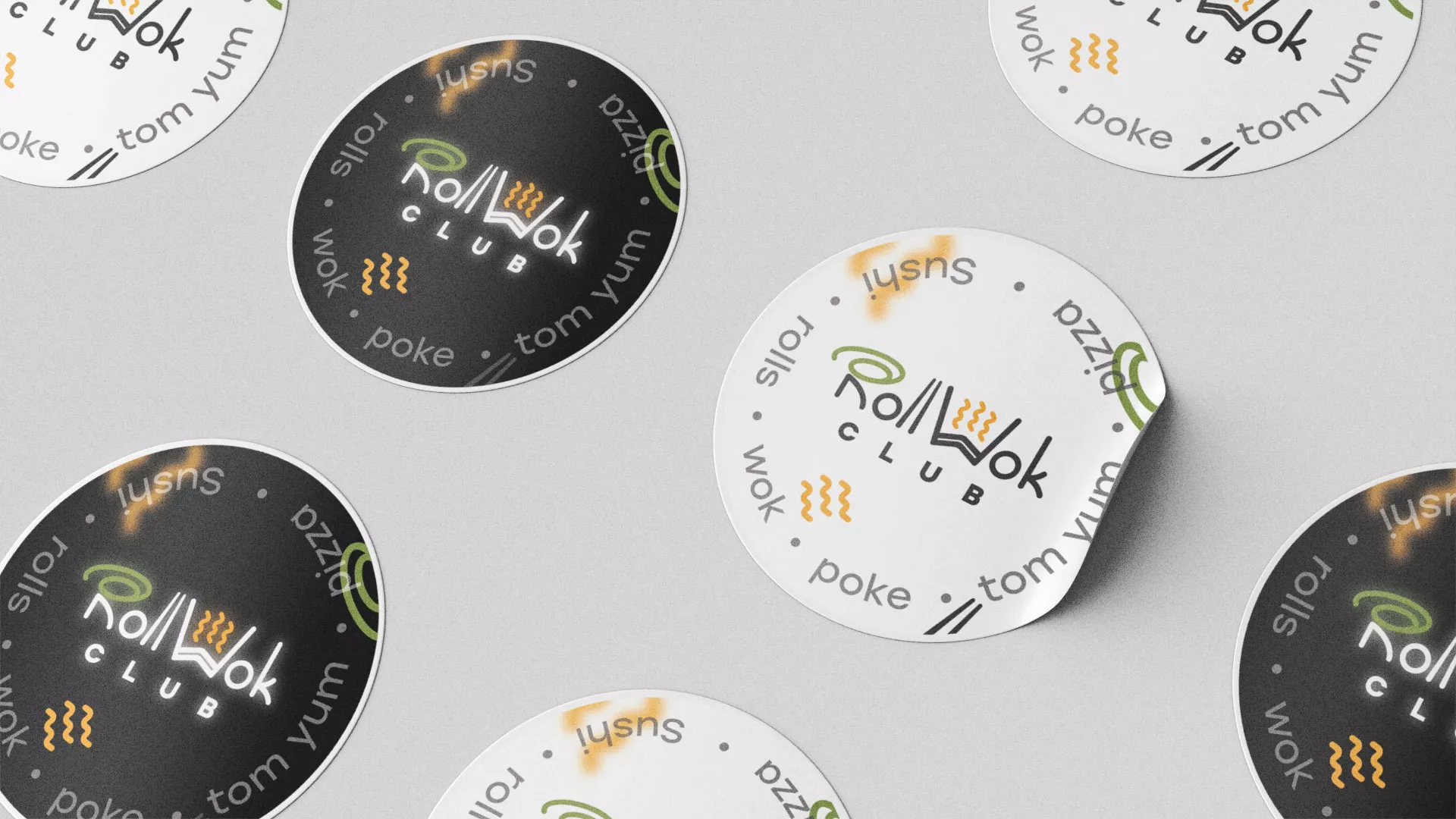 Разработка дизайна наклеек для суши-бара «Roll Wok Club» в Котельниково